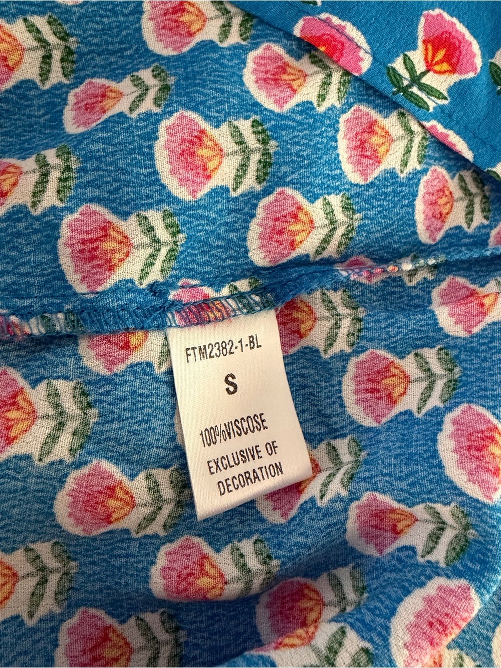 THML Top S Blue Pink Floral Block Print Smocked Neck Boho Tunic Blouse - Picture 7 of 8